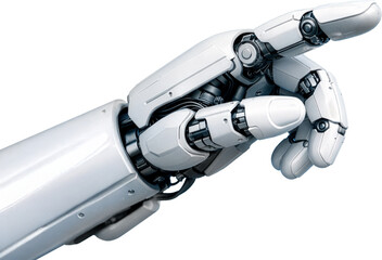 Futuristic robot hand pointing index finger isolated on white background,Close-up of AI robot touching virtual screen or pressing a button