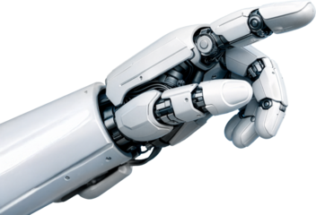Futuristic robot hand pointing index finger isolated on white background,Close-up of AI robot touching virtual screen or pressing a button