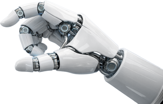 Futuristic white robot hand making a pinch gesture isolated on white background - Powered by Adobe