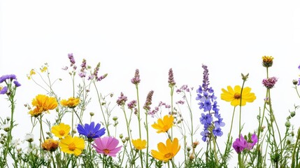 Assorted wildflowers in bloom show the colors of spring and summer on a white background with a vibrant arrangement of nature's beauty