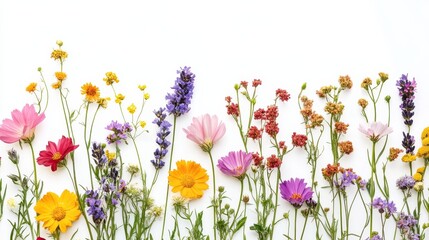 Colorful display of assorted wildflowers in bloom isolated on white background in spring and summer seasons