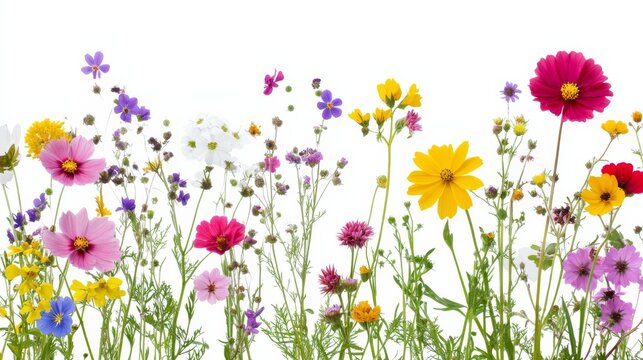 Vibrant wildflowers on white background showcase nature's beauty during spring and summer in full bloom with assorted colors and shapes - Powered by Adobe