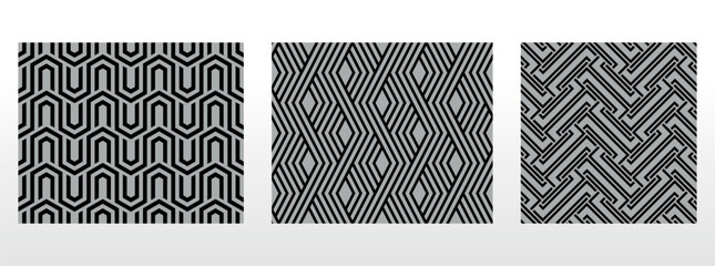 Geometric set of seamless black and gray patterns. Simple vector graphics