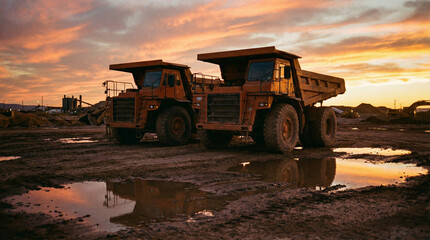 Obraz premium Two massive orange mining trucks at sunrise on muddy ground