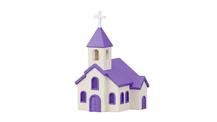 Naklejka premium Cartoon church building with purple roof and white cross on transparent background