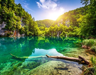 A vibrant shot of a calm turquoise lake surrounded by lush green trees, under a bright sunny sky. A fallen log sits in the clear water