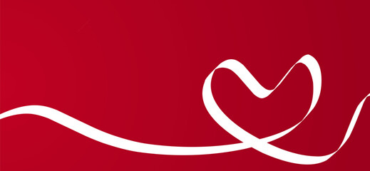 Elegant white ribbon heart on red background with copy space for Valentine's Day or wedding greeting card.
