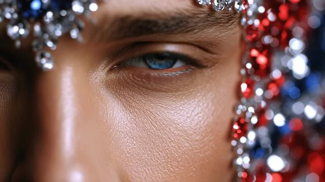 Male model posing with close up blue eyes, wearing intricate face jewelry studded with red, white, blue gemstones, emphasizing dramatic facial aesthetics