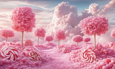 Whimsical candy landscape with pink lollipop trees, surrounded by candy-shaped mounds under a cloudy sky, creating a fantasy world, Generative AI