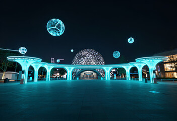 A high-end CGI visualization of a glowing, futuristic Expo plaza, ideal for digital art collections and architectural concept presentations.