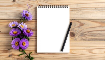 Blank Notepad with Purple Flowers and Pencil on Wooden Table.