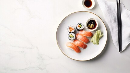 Minimalist Salmon Sushi Set with Nigiri, Maki Rolls and Soy Sauce on white background