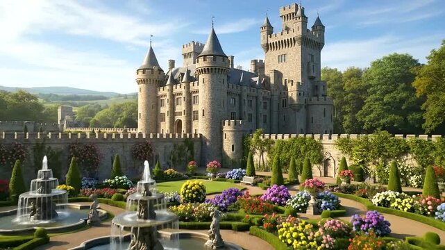 Beautiful medieval castle with manicured gardens and fountains on a sunny day.