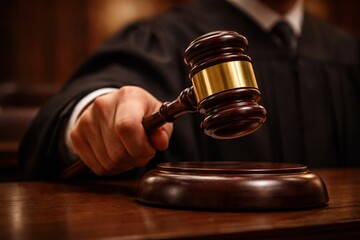 Close-up of a judge’s hand holding a polished gavel over a sound block, emphasizing authority, justice, and courtroom decision-making in warm, dramatic lighting.