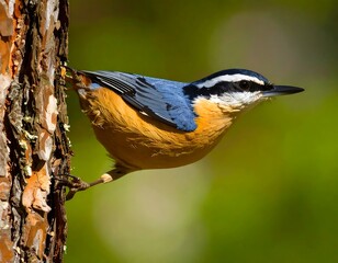 Obraz premium A vibrant small songbird perches on a textured tree trunk with a blurred green backdrop. The bird displays a striking contrast of colors