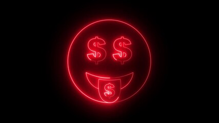 Neon money emoji icon animation on black background. Money-Obsessed Emoji icon. neon face with dollar eyes and tongue. Love money, great wealth, win money, rich. 4k video animation.