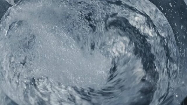 Extreme close-up shot capturing clear freshwater rapidly swirling inside a transparent circular containment system, emphasizing relentless dynamic motion and flow spinning, aquatic, texture
