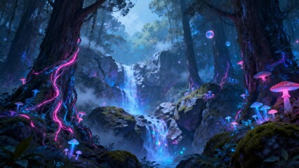 Obraz premium Mystical glowing forest with waterfall