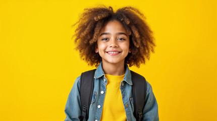 Portrait of a middle school student with backpack on yellow background