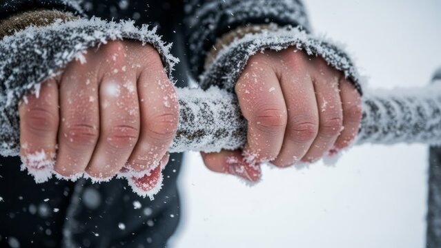 Frosty Hands Gripping a Metal Bar Snow Winter Cold. Concept featuring frost, snow, hands, metal bar, winter.