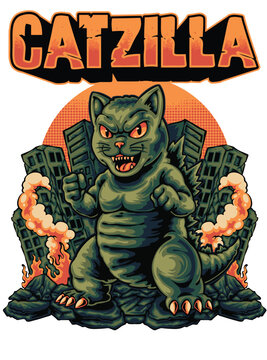 Catzilla Giant Cat monster Attacking City Vector Retro Vintage Illustration with Text