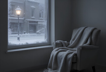 A stock photo of a warm, inviting interior on a snowy evening, ideal for editorial features and lifestyle publications.
