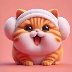 Happy Orange Cat Wearing Cozy Winter Ear Muffs Smiling Brightly on Soft Pink Background