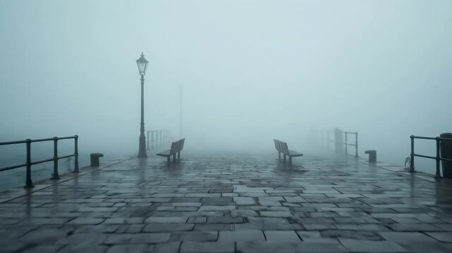 pavement tiles - A foggy pier extending into a misty expanse, with lonely benches lining the walkway, creating an eerie atmosphere where land and water meld into gray