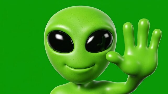 Friendly Green Alien Waving Hello on Green Screen.