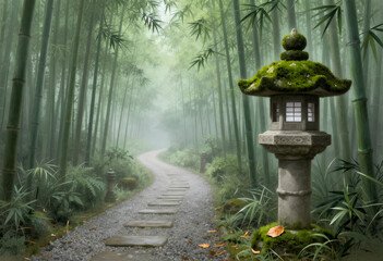 An atmospheric art print of a misty bamboo path, bringing tranquility and Japanese aesthetic to modern home or office decor.
