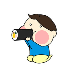 節分で恵方巻きを食べている男の子のイラスト