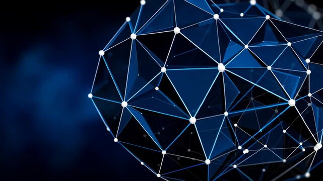 Digital plexus sphere spinning, revealing interconnected technological network with glowing data points pulsing against deep blue gradient backdrop
