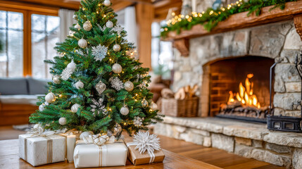 Fototapeta premium Sparkling holiday tree adorned with ornaments and gifts beside a cozy fireplace in a rustic cabin on a winter evening