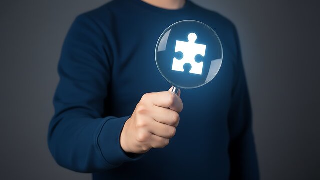 Person holding magnifying glass with glowing puzzle piece icon, representing digital problem solving - Powered by Adobe