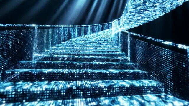 Abstract digital staircase with glowing blue lights, symbolizing progress and innovation.
