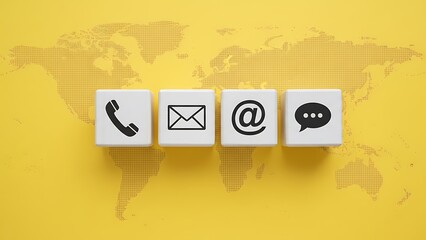 Global contact icons on white cubes featuring phone, envelope, @, and chat bubble against a yellow world map background