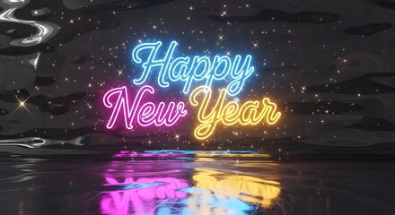 Happy new year neon sign with colorful reflections on a dark, sparkling surface
