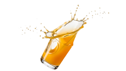 Dynamic Splash of Vibrant Orange Juice Cascading from a Glass, Capturing Refreshing Movement and Pure Energy Against a Pristine White Background