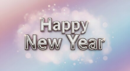 Shiny silver happy new year text with festive bokeh lights on a soft background