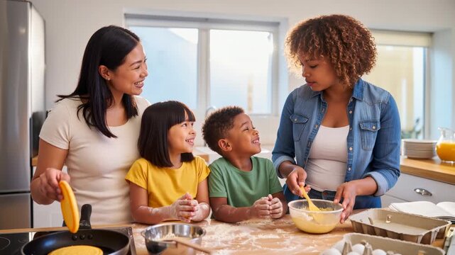 Happy family lgbt foster care parent child bright kitchen cooking together baking pancake batter, laughing children learn with loving parents around