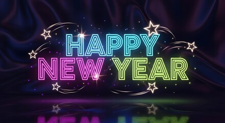 Happy new year neon sign with sparkling stars on a dark reflective background