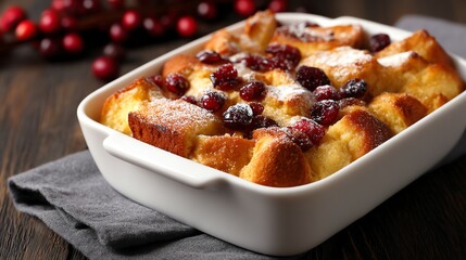 Holiday bread pudding with powdered sugar topping