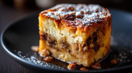 Holiday bread pudding with powdered sugar topping
