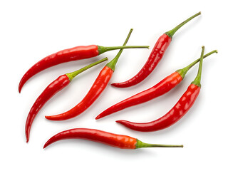 Several bright red chili peppers isolated on a white background