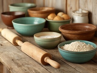 Holiday baking station set with rolling pins and bowls