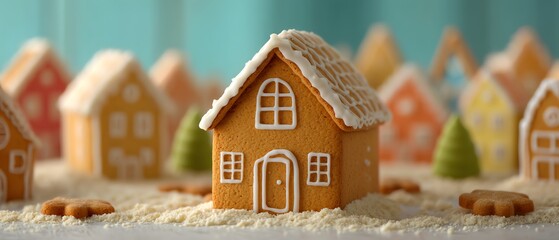 Traditional gingerbread house baking and decorating scene