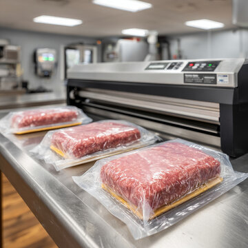 Vacuum sealer in a commercial kitchen with packaged meat.