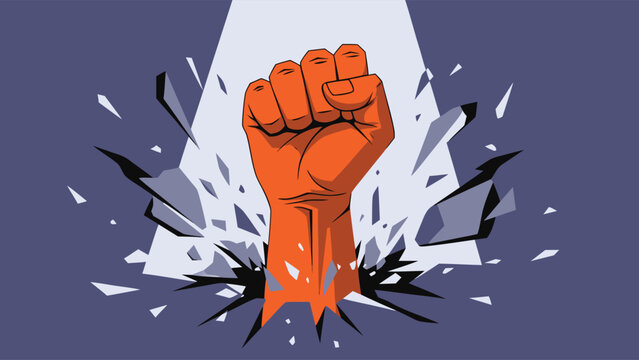 Orange fist breaking through wall