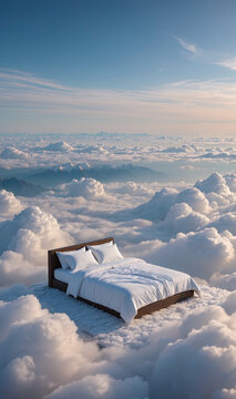 Surreales Bett in den Wolken &uuml;ber einer sch&ouml;nen Traumlandschaft