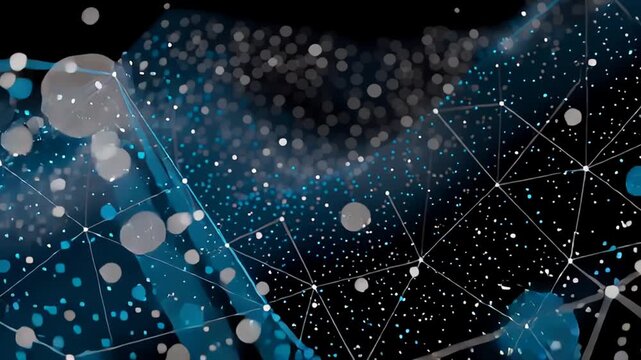 Pulsating plexus network dynamically expanding, revealing intricate digital connections with glowing particles floating against deep black background, symbolizing technological innovation
